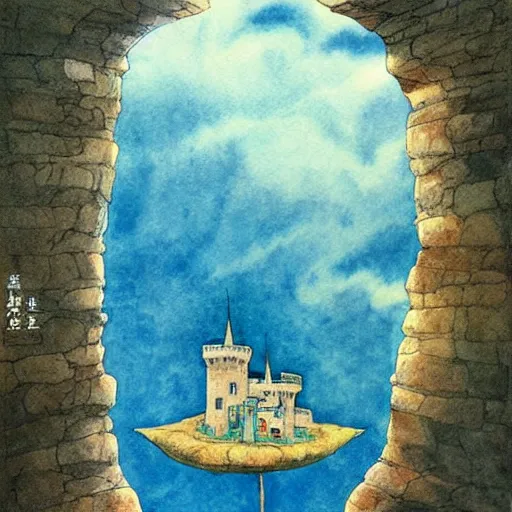 Image similar to laputa castle in the sky hayao miyazaki flying high in the sky, watercolor illustration for a book