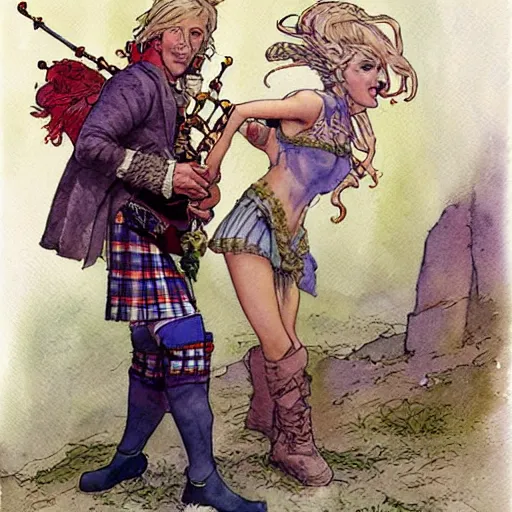 Prompt: a realistic and atmospheric watercolour fantasy concept art of britney spears dressed with scottish clothes and with bagpipe, muted colors. by rebecca guay, michael kaluta, charles vess and jean moebius giraud,