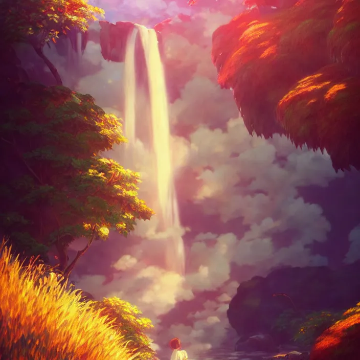 Image similar to an epic makoto shinkai and renoir landscape of a twin waterfall, 🌺, golden hour, ultra smooth, lois van baarle, ilya kuvshinov, unreal engine, blender, trending on artstation, suntur, caleb worcester, highly detailed, photorealism, bloom effect 8 k