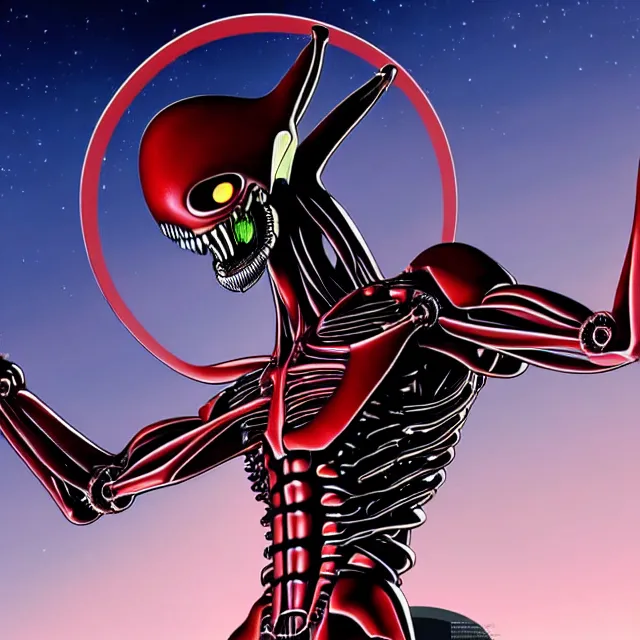 Prompt: full profile of evangelion xenomorph as circular vitruvian man by biomechanical, ultra wide angle, full body, no crop, golden ratio, ultra details