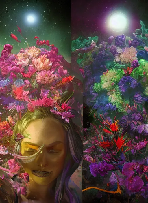 Prompt: An epic fantastic realism comic book style painting of the most beautiful expanding flowers launched across the dark and starry universe, floating bouquets, fisheye lens, unreal 5, DAZ, hyperrealistic, octane render, dynamic lighting