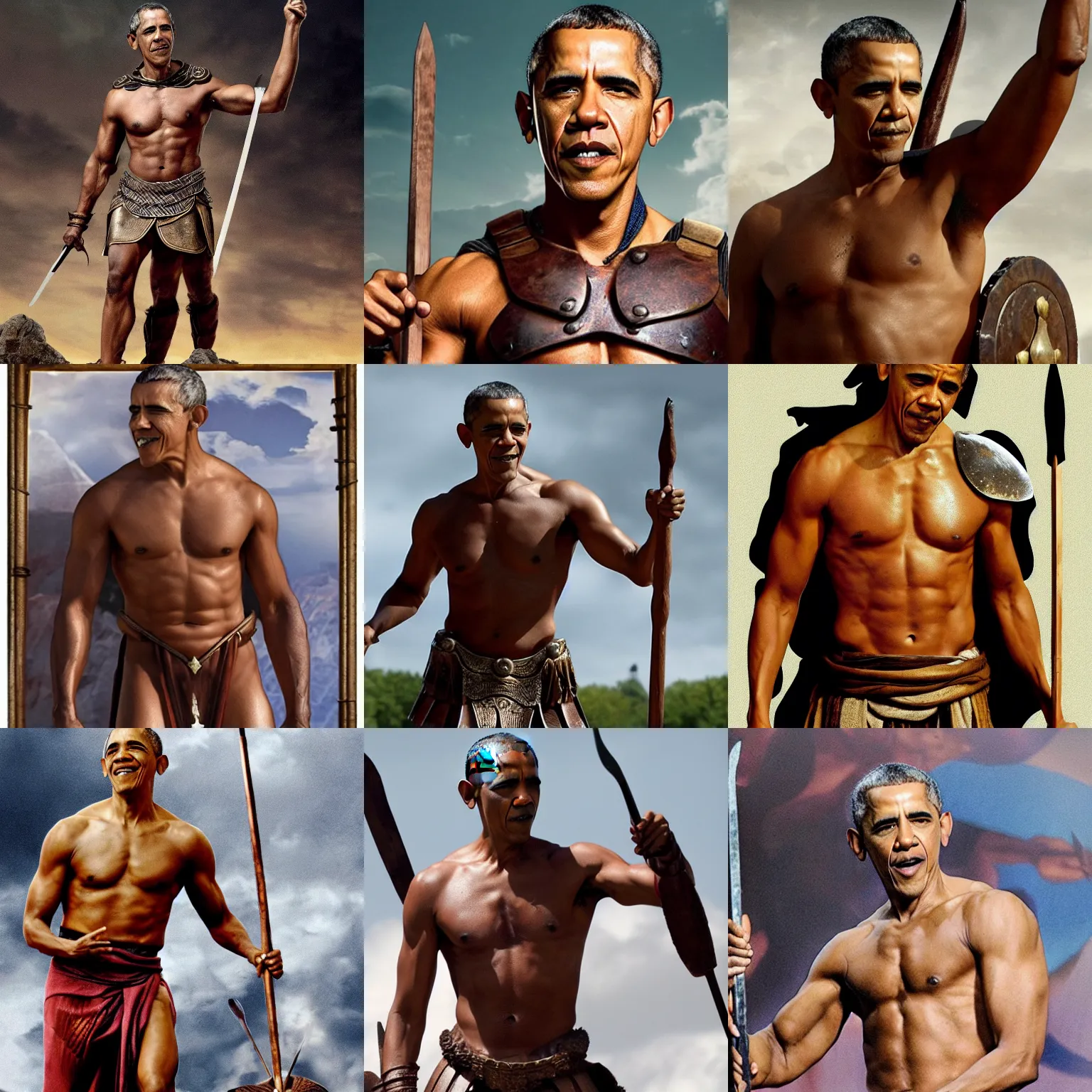 Prompt: obama as a gladiator from spartacus, wielding spear and shield, bare muscular chest