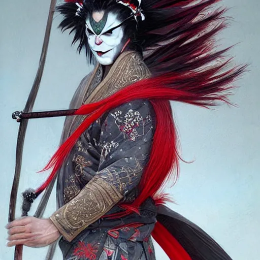 Image similar to an epic portrait of insane kabuki male wielding a spear, magical aura of insanity, intricate hakama, poofy red wig, eerie, highly detailed, dark fantasy, art by artgerm and greg rutkowski