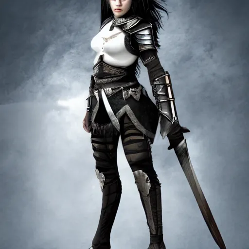 Prompt: A realistic rendering of a girl warrior with long black hair, white background, black leather Armor