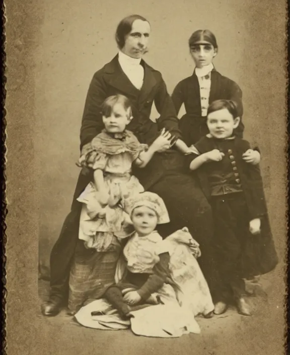 Image similar to a sepia photograph of a smiling victorian era family. in the background there is a strange and menacing steampunk cyborg