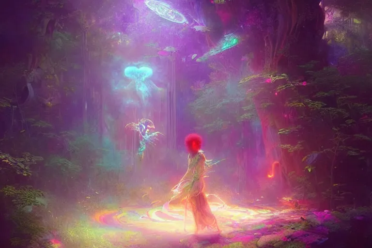 Prompt: a psychedelic realm hidden away in a pocket of ethereal understanding astral beings sharing love greg rutkowski wlop lisa frank bob ross ruan jia illustration