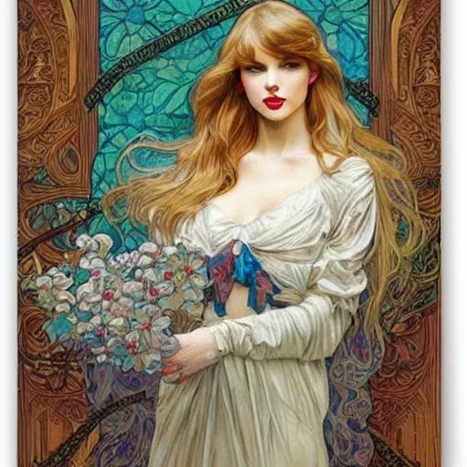 Image similar to romantic painted portrait of taylor swift by james jean, mucha