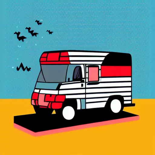 Prompt: minimal vector art sticker of a white and black cute thor chateau! motorhome camper!!, highway, mountains and colorful sunset!!, dramatic, warm bright colors, thick lines, very minimal vector art, sticker!! by tom whalen