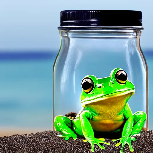 Prompt: A transparent glass jar with one cute frog inside it, realistic, ultra high detail, 8k, reflections, ambient lighting, the glass is on the sans on the beach wih water in the background.