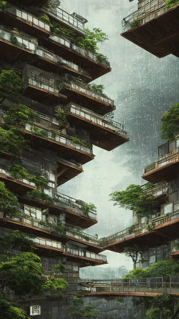 Prompt: photo in style of hiroshige and piranesi. biopunk solarpunk timber futuristic building in a urban setting. ultrarealistic. rainy. mossy buildings have deep tall balconies with plants, trees, and many people. thin random columns, large windows, deep overhangs. greeble. 8 k, volumetric lighting.