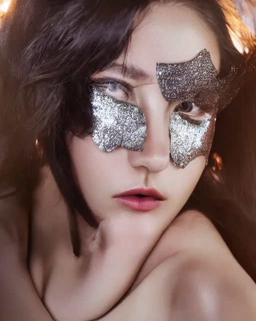 Image similar to in a twilight landscape, a young fashion model woman shows off her figure in a shiny party dress, face and eyes covered by a pointed geometry