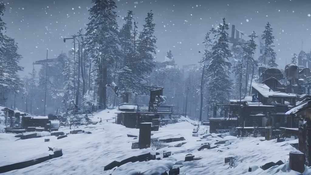 Image similar to Screenshot from Nier Automata, beautiful landscape at an abandonned ski station, near a chairlift, winter