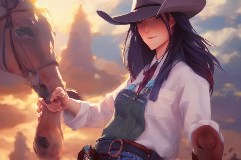 Image similar to cowgirl western girlfriend, scenic full shot, ambient lighting, detailed face, by makoto shinkai, stanley artgerm lau, wlop, rossdraws