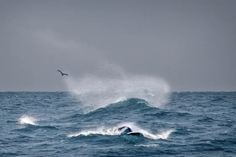 Prompt: large sailboat on a stormy sea. dolphins leaping