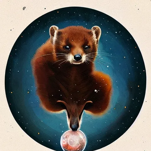 Image similar to giant pine marten in space holding a planet, digital art, trending on artstation, highly detailed, by Greg Rutkowski, by Conrad Roset, by Dan Mumford