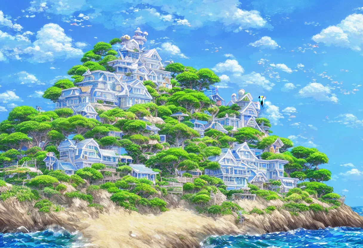 Prompt: a beautiful ultradetailed painting of a seaside house, sunny, close shot, studio ghibli sunlight, archdaily, wallpaper, highly detailed, trending on artstation