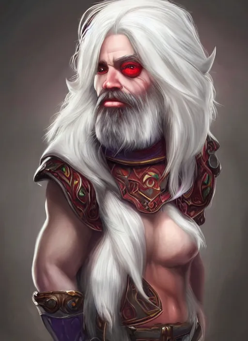 Prompt: dwarf with white hair, red iris, long beard, pale snow white skin, full body character portrait, colorful, highly detailed, digital art by artgerm