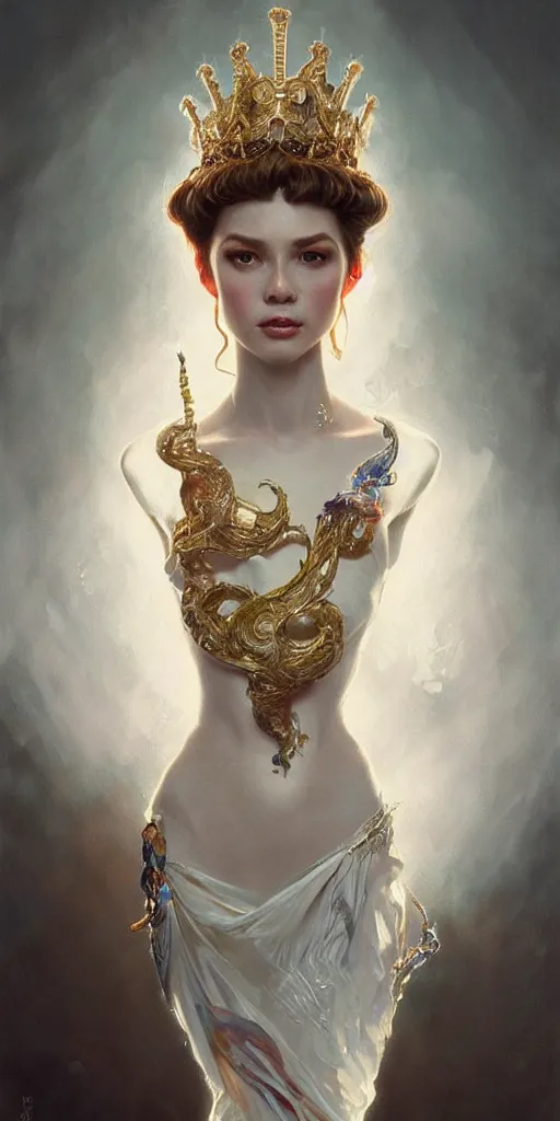 Image similar to a realistic liquid queen with a decorated dress made of white pearls , highly detailed, digital painting, Trending on artstation , HD quality, by artgerm and greg rutkowski and alphonse mucha, dramatic light, octane