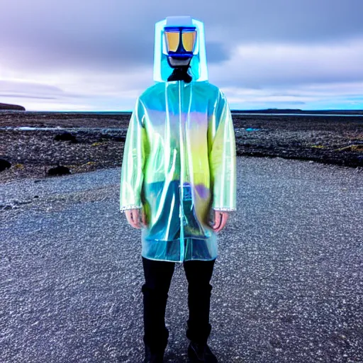 Image similar to an ultra high definition professional studio quality photograph of an artificially intelligent cyberpunk art influencer wearing a transparent iridescent pastel coloured face visor and matching squid based raincoat on white coat hook in a sheer icelandic black rock environment. dramatic lighting. volumetric shadows. light rays