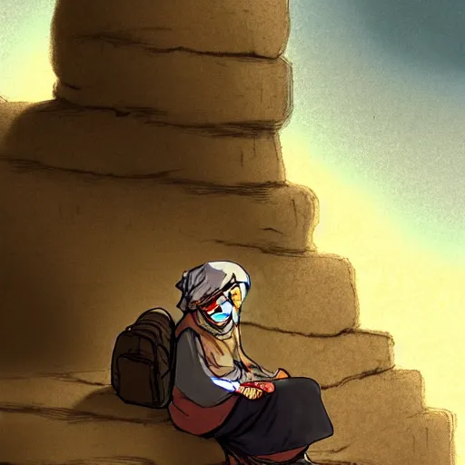 Prompt: concept art, an old woman merchant sitting against a stone wall wearing a backpack piled high with textiles, earth tones, dust particles in the air, early morning golden light, in the style of yoshitaka amano W 704