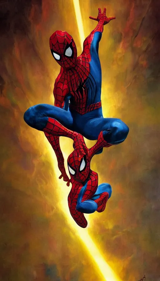 Image similar to tobey maguire's spider - man close up, movie poster, yellow lighting, alex ross, new york, air brush, oil paint, radiant light, caustics, heroic, bright iridescent light, by gaston bussiere, by bayard wu, by greg rutkowski, by maxim verehin