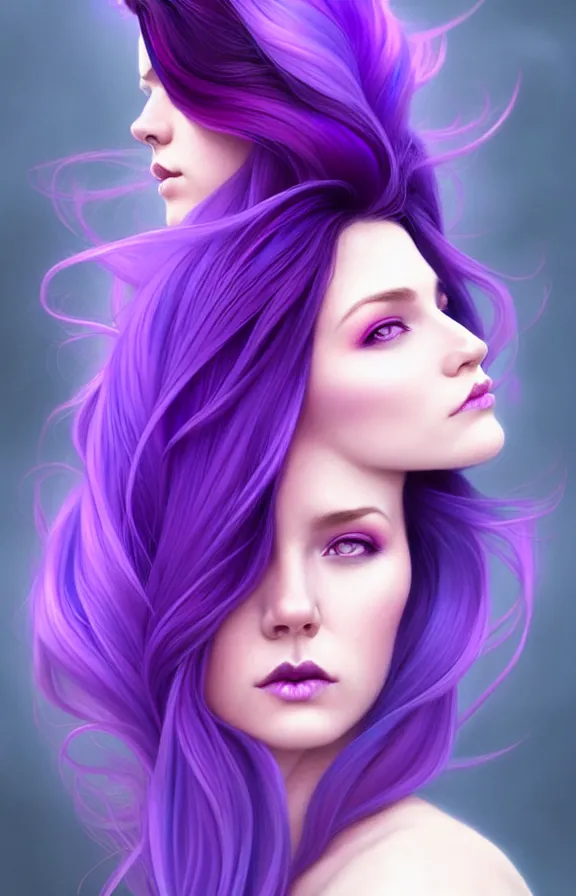 Image similar to Purple hair relistic Portrait of a woman with bright colored flying hair, all shades of purple. Hair coloring, long hair, blue eyes, fantasy, intricate, elegant, highly detailed, digital painting, artstation, concept art, smooth, sharp focus, illustration, art by artgerm and greg rutkowski and alphonse mucha