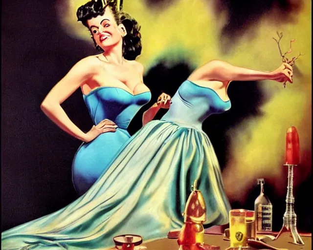 Prompt: 1 9 5 0 s pin up photo of the bride of frankenstein, full body, campy color scheme, realistic, center, smooth, golden ratio, detailed, gil elvgren, earl moran, joyce ballantyne