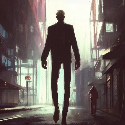 Image similar to concept art by greg rutkowski, a very tall and slender young man walking through the interior of a brutalist looking neighborhood full of holograms and shops while he smokes a cigarette, ambient lighting in neon tones, scifi, highly detailed portrait, digital painting, artstation, concept art, smooth, sharp foccus ilustration, artstation hq