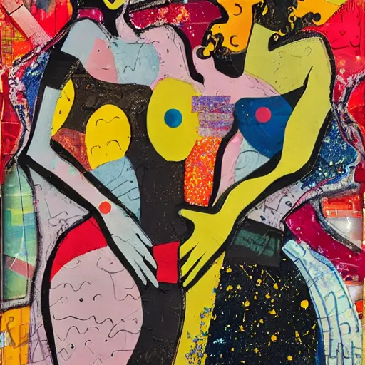 Image similar to two curvy women kissing at a carnival at dusk, mixed media collage, retro, paper collage, magazine collage, acrylic paint splatters, bauhaus, abstract claymation, layered paper art, sapphic visual poetry expressing the utmost of desires by jackson pollock