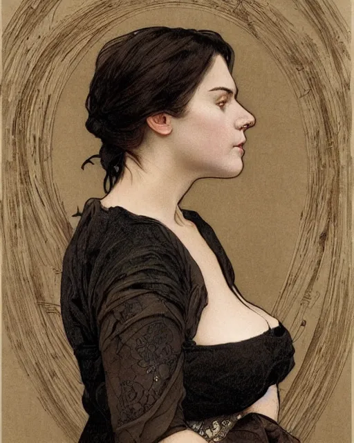 Image similar to portrait of a tall 4 0 - year - old woman with thin lips, heavy - lidded eyes, a strong jaw and long, thick shining black hair, thick eyebrows and long eyelashes, wearing in black clothes, hyper realistic face, beautiful eyes, fantasy art, in the style of greg rutkowski, intricate, alphonse mucha, hyper detailed, smooth