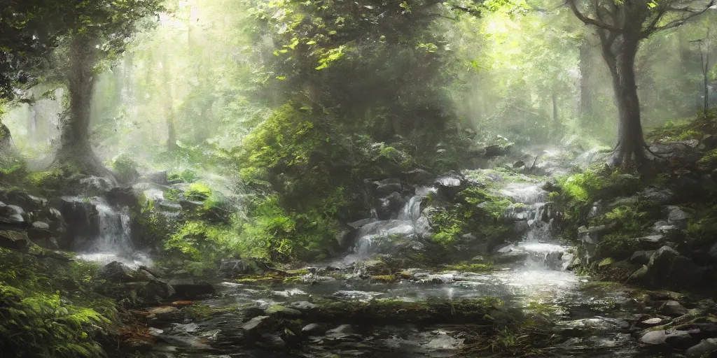 Prompt: a secret glade with waterfall, cinematic lighting, detailed oil painting, hyperrealistic, 8k