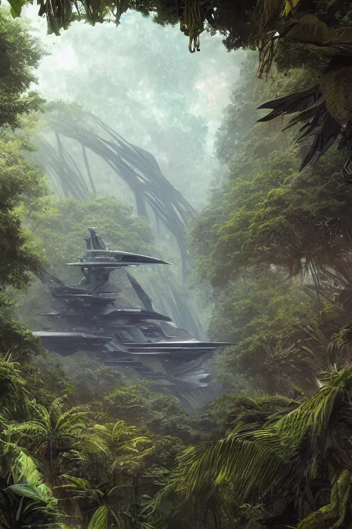 Image similar to a view of a frigate space ship in a magical tropical rain forest, D&D, fantasy, intricate, cinematic lighting, highly detailed, digital painting, artstation, concept art, smooth, sharp focus, illustration, art by Terry Moore and Greg Rutkowski and Alphonse Mucha