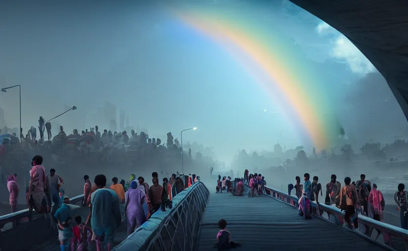 Prompt: incredible, refugees crossing a mindblowingly beautiful bridge made of rainbow hardlight, to a floating city in the sky, matte painting, artstation, solarpunk, cgsociety, dramatic lighting, concept art, octane render, arnold 3 d render