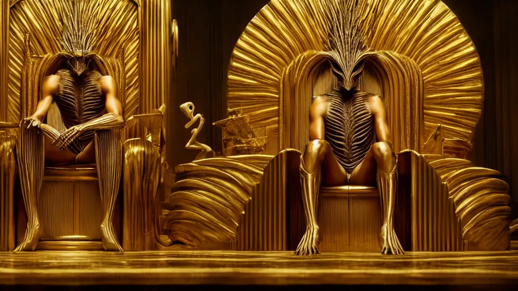 Prompt: a strange creature sits on a golden art deco throne, film still from the movie directed by Denis Villeneuve with art direction by H R Giger, wide lens