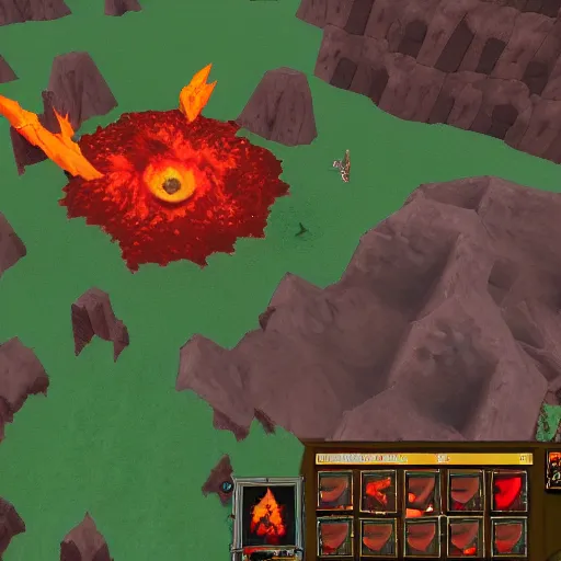 Image similar to TzKal-Zuk at the Inferno, old school runescape, lava river, magma, large shield of magma, obsidian pillars