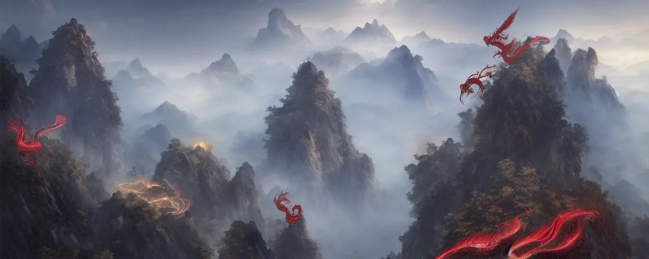 Image similar to ancient chinese dragon flying in fantasy chinese karst landscape, mountains, fog, art by greg rutkowski, concept art, cinematic, 4 k