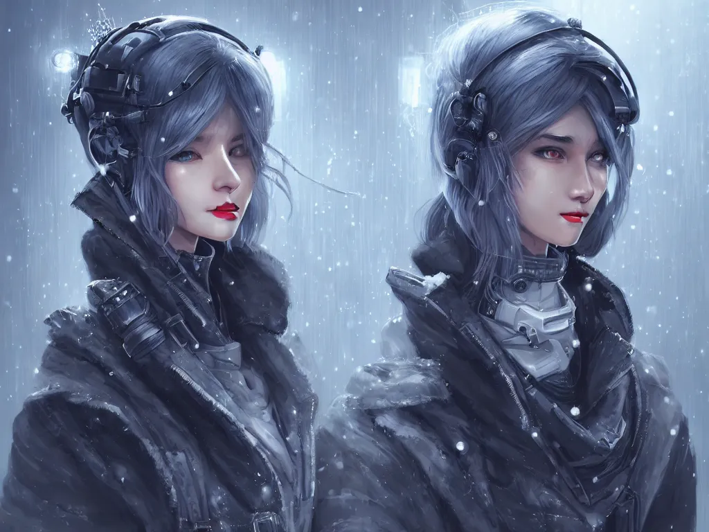 Prompt: portrait cyber warrior girl, grey hair dieselpunk wardrobe, in tokyo cyberpunk snowy night, ssci - fi and fantasy, intricate and very very beautiful and elegant, digital painting, artstation, concept art, smooth, illustration, art by yam - pixiv