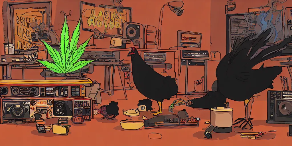 Image similar to 'black chicken'!!! smoking 'cannabis'!!!!!! in front of 'audio console'!!!! and 'multi monitors'!!!! 'in a hi-tech tv broadcasting studio'!!!!, artwork by James Gilleard