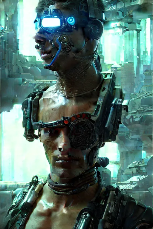 Prompt: a futuristic cyberpunk pirate with a cybernetic eyepatch, upper body, highly detailed, intricate, sharp details, dystopian mood, sci-fi character portrait by gaston bussiere, craig mullins
