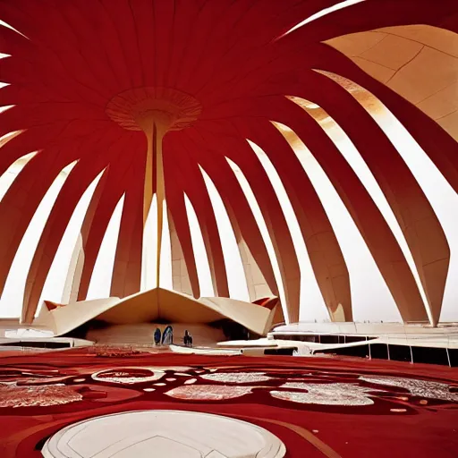 Image similar to interior of a futuristic lotus temple with gold, red and white marble panels, in the desert, by buckminster fuller and syd mead, intricate contemporary architecture, photo journalism, photography, cinematic, national geographic photoshoot