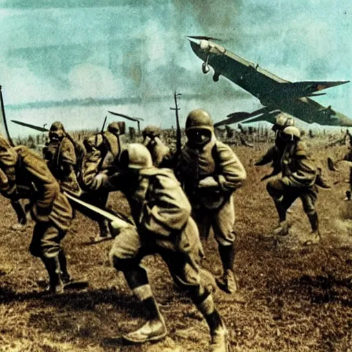 Prompt: ww 1 soldiers in gas masks storming no mans land, while airships and airplanes have in a dogfight in the sky