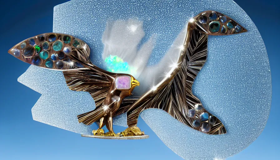 Image similar to diamonds, pearls, ice crystals, opals and other various gemstones being thrown around in the shape of a hawk by a tornado, museum sculpture, 4k, high quality photograph, award-winning