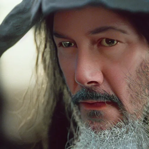 Image similar to beautiful hyperrealism three point perspective film still of Keanu Reeves as Gandalf the grey in car chase scene in Miami Vice(2006) extreme closeup portrait in style of 1990s frontiers in translucent porclein miniature street photography seinen manga fashion edition, miniature porcelain model, focus on face, eye contact, tilt shift style scene background, soft lighting, Kodak Portra 400, cinematic style, telephoto by Emmanuel Lubezki