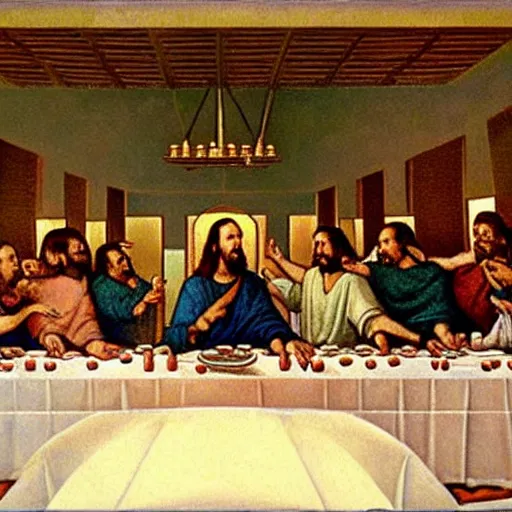 Prompt: nic cage in the last supper as painted by akira toriyama