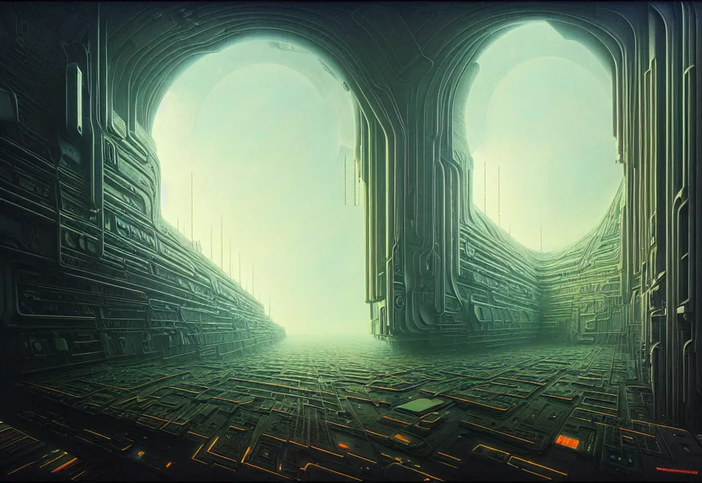 Prompt: inside a gigantic and intricate spaceship full of clouds, realistic, beautiful, dark, full of bright windows, cyberpunk, futurist, vibrant, highly detailed, industrial, cosmos, by zdzisław beksinski and greg rutkowski