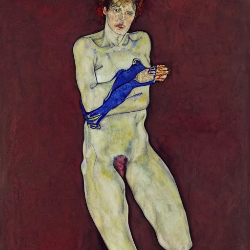 Image similar to wide angle full body portrait of ripley slipping out of her jumpsuit, watercolor, masterpiece, by Egon Schiele