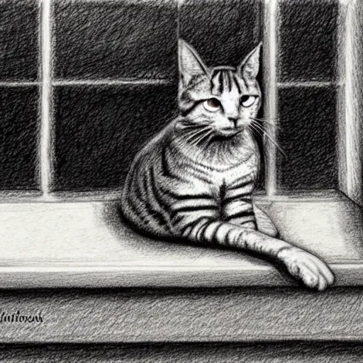 Image similar to a tabby cat named clarence laying on a table looking out the window, it is a sunny day, in the style of a hand drawn pencil sketch