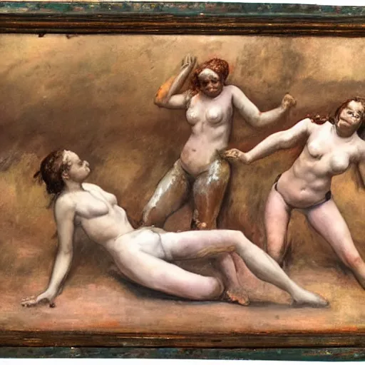 Image similar to 3 drunk women fall over mud - wrestling,, oil painted ( ( ( ( ( ( by rodin ) ) ) ) ) )