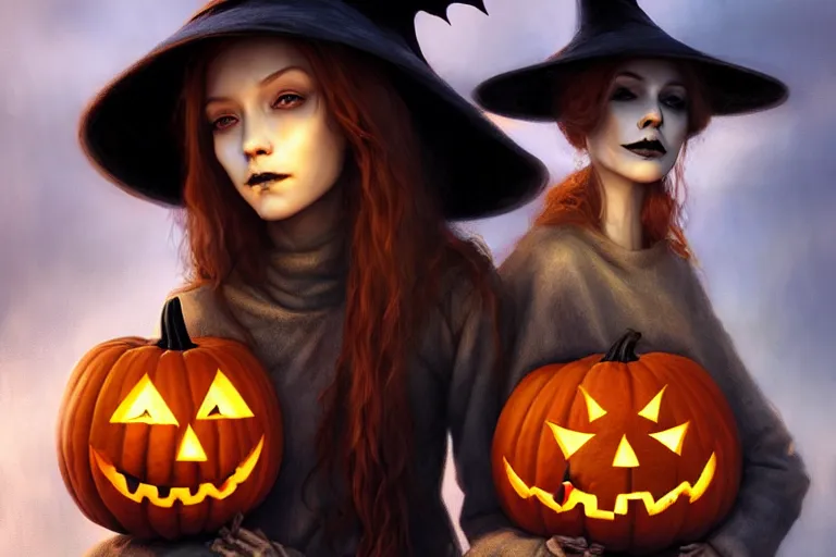 Image similar to portrait of a scarecrow with a jack - o - lantern head and a witch hat, halloween night, charlie bowater, artgerm, ilya kuvshinov, krenz cushart, ruan jia, realism, ultra detailed, 8 k resolution