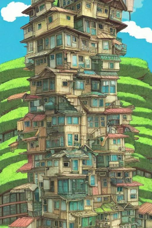 Image similar to stacked houses, solarpunk, studio ghibli